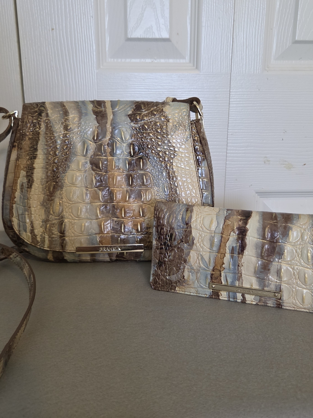 Brahmin Croc Crossbody Bag and Wallet Set in Cream Brown